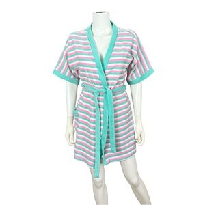 Vintage Teal Pink Striped Terry Cloth Robe